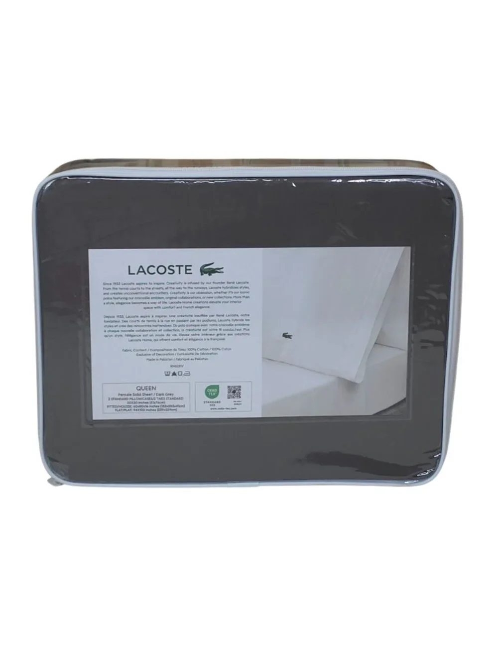 Lacoste 100% Cotton Percale Queen Sheet Set Dark Grey Crocodile Logo